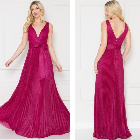 Maniju Magenta Sparkle V Neck Pleated Maxi Dress SzMedium - Picture 1 of 8